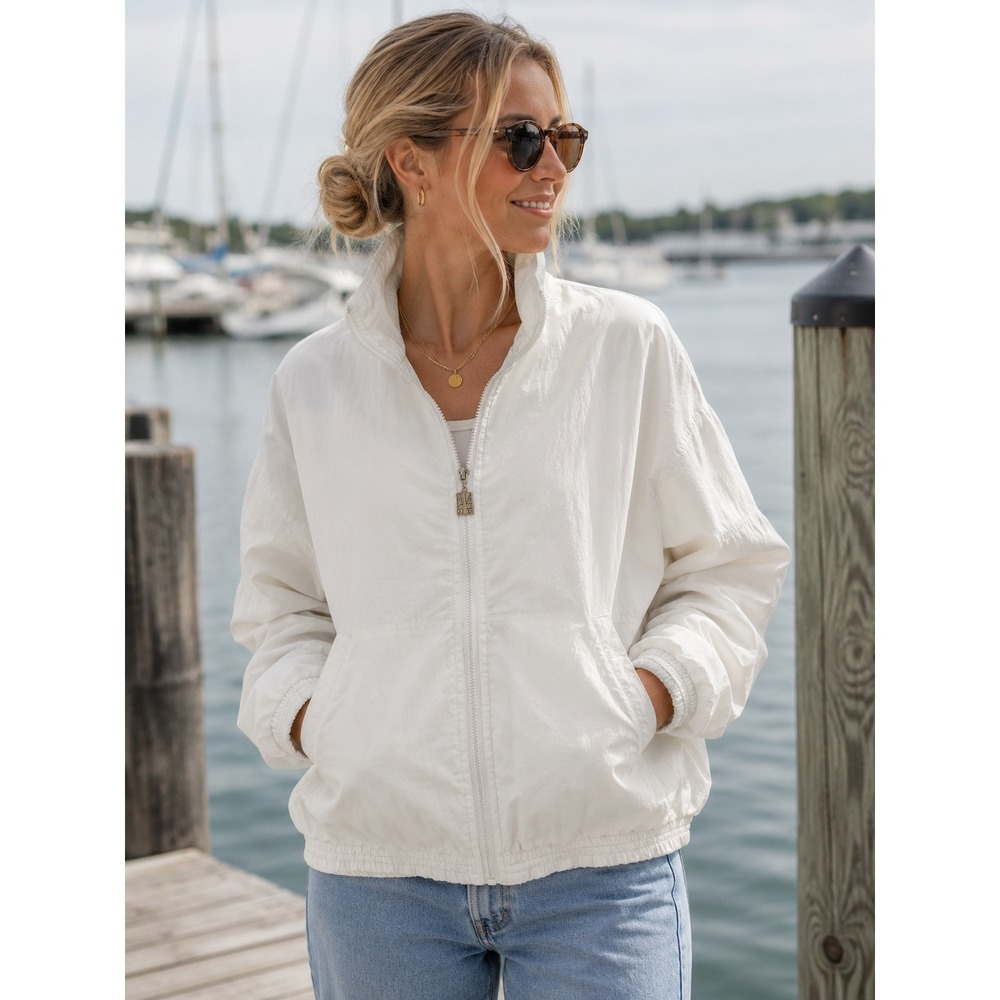 Vintage Dunlop Sport Windbreaker Jacket Women's L White Full Zip Lined Retro Y2k